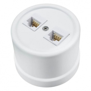 Розетка телефон + компьютер, RJ11 + RJ45, двойная, БЕЛАЯ, негорючий пластик, D65*48мм