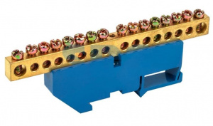Шина "N" нулевая с изолятором на DIN-рейку 8x12мм стойка бол. 16 групп СИНЯЯ (до25м2)