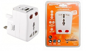Тревел-адаптер 100-250В 3A (5 в 1) c USB-зарядкой 1000мА белый TDM